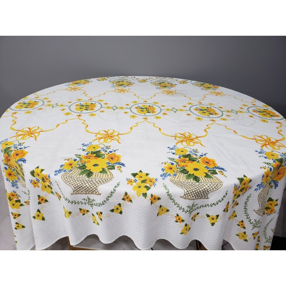 Vintage Tablecloth Weave Basket Flowers Yellow Cottagecore Rectangle Coquette